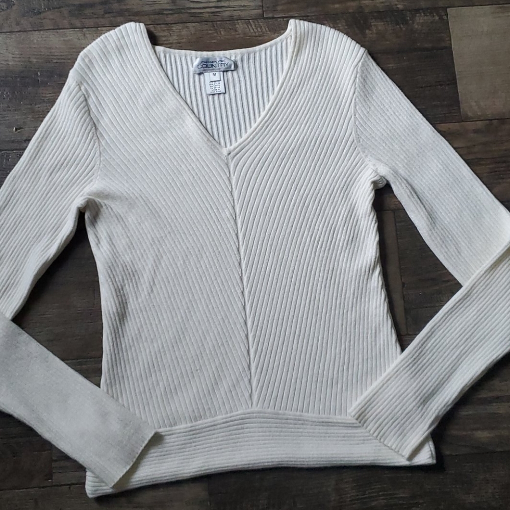 Jones New York Country Ribbed V-Neck Sweater Ivory